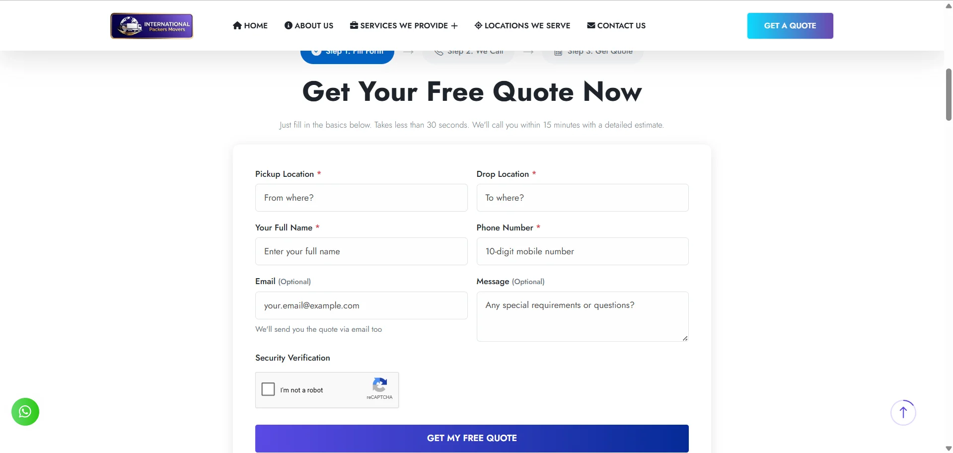 Customer submitting a quote request from the website